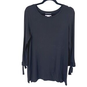 Liz Claiborne Petite Womens 3/4 Length Tie Sleeve Black Tunic Top Petite Medium